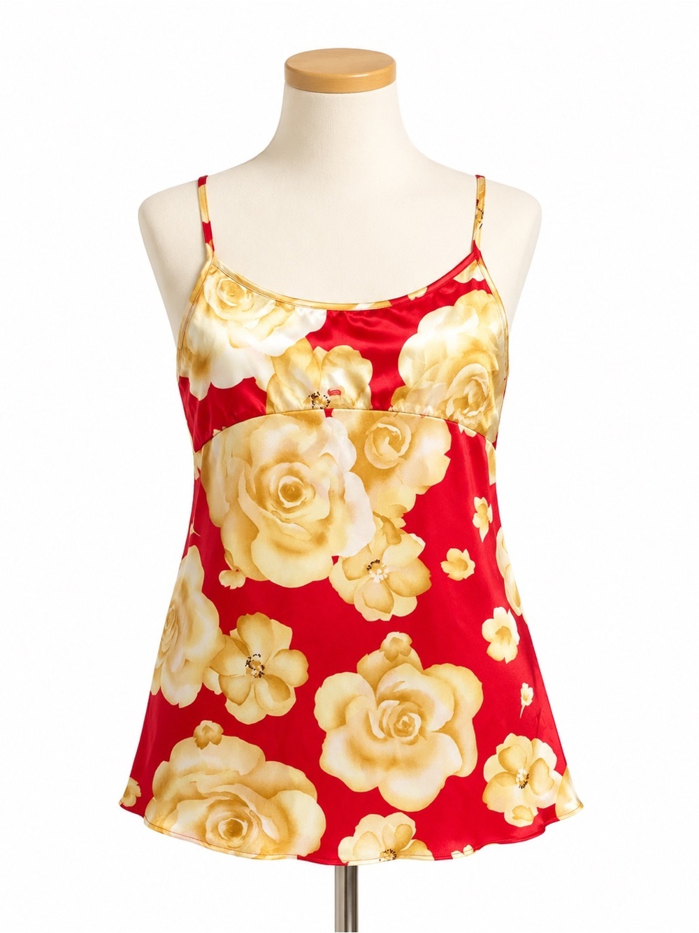 Secret Treasures Satin Floral Chemise Nightgown L Red Gold Rose Print Y2K